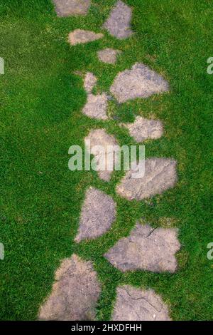 Landschaftsgestaltung des Gartenpfades aus natürlichem grobem Stein, entlang dem man zum Hinterhof gehen und in den Garten auf Sommer grünen Rasen Draufsicht Textur, Nobo Stockfoto