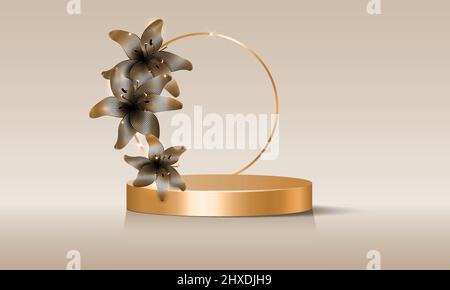 3D Leere Bühne mit rundem Bogen, verziert mit goldenen Blumen, Vektor isoliert auf beigem Hintergrund. Vitrine mit leerem Podium und Blumenarrangement Stock Vektor