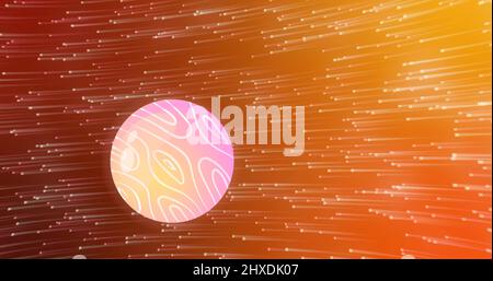 Bild eines leuchtend rosa bis gelben Globus, der sich über glühende Punkte auf orangefarbenem und rotem Hintergrund dreht Stockfoto