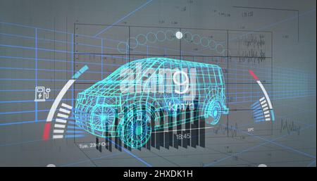 Bild der finanziellen Datenverarbeitung und Auto-Panel über digitale LKW-Modell Stockfoto