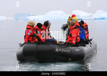 Passagiere des Ponant-Kreuzfahrtschiffs Le Boreal kehren zum Schiff zurück, nachdem sie die Pinguinkolonie Gentoo auf der Insel Cuverville in der Antarktis besucht haben. Stockfoto