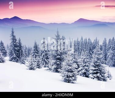 Fantastischer abend Winterlandschaft. Dramatische bewölkten Himmel. Kreative Collage. Beauty Welt. Stockfoto