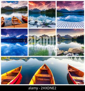 Kreative Collage aus vielen Naturfotos. Bergsee im Nationalpark hohe Tatra. Strbske pleso, Slowakei, Europa. Beauty-Welt. Stockfoto