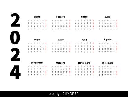 2024 Jahre einfacher horizontaler Kalender in spanischer Sprache, typografischer Kalender isoliert auf Weiß Stock Vektor