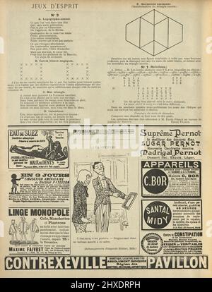 Seite mit Vintage-Anzeigen, Puzzles, Cartoon aus Le Sourire 1899, viktorianisches Französisch 19. Jahrhundert Stockfoto