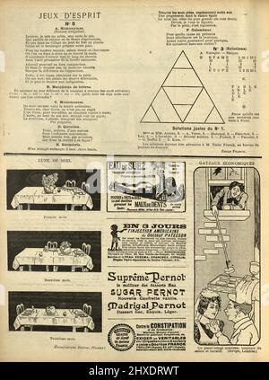 Vintage-Seite mit französischen Cartoons, Anzeigen und Puzzles, viktorianisch 1890s, 19. Jahrhundert Le Sourire Stockfoto