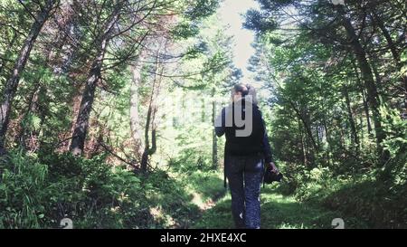 Traveler fotografieren malerischen Blick in den Wald. Eine kaukasische Frau schießen nettes Magic suchen. Mädchen nehmen Foto Video auf dslr spiegellosen Kamera. Professio Stockfoto