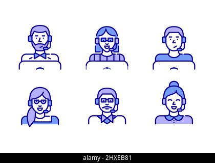 Symbole für die Vielfalt von Kundendienstmitarbeitern gesetzt. Männer und Frauen, die ein Headset tragen. Pixel Perfect, bearbeitbares Kontursymbol Stock Vektor
