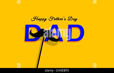 Happy Fathers Day Papa Text und Schnurrbart auf gelbem Hintergrund. Minimales Design Stockfoto