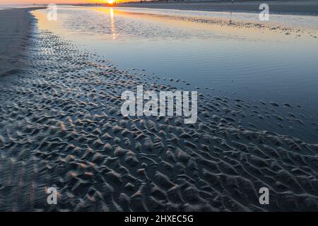 Sonnenuntergang über den Tidal Flats von Folly Beach, Folly Island, South Carolina, USA Stockfoto