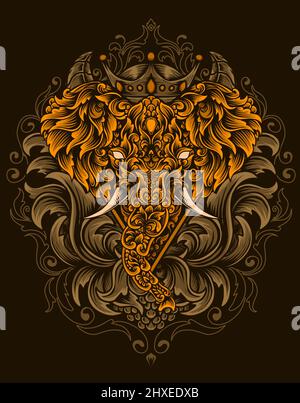 Illustration Vektor Elefant Kopf mit Vintage Gravur Ornament Stil Stock Vektor