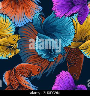 Vintage Betta Fisch nahtloses Muster Stock Vektor