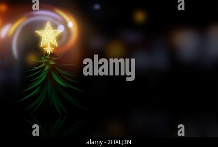 Kleiner niedlicher Zwerg-Weihnachtsbaum mit leuchtend leuchtendem Stern. Weihnachtsthema mit Platz zum Kopieren. Stockfoto