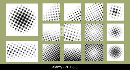 Set aus Halftone Effekt Punktmuster Kollektion in linearem und radialem Verlauf für die Hintergrunddekoration. Vektorgrafik Stock Vektor