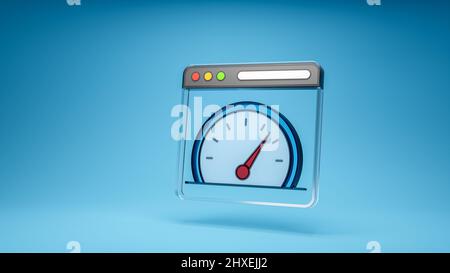 Browsergeschwindigkeit, Geschwindigkeit der Webseite, Symbol für den Test der Internetgeschwindigkeit. 3D Symbol auf blauem Hintergrund. 3D Rendern Stockfoto