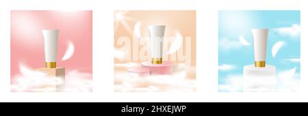 Künstliche Szene Podium Bühne Make-up für kosmetische Schönheit Produkthintergrund mit flauschigen Wolke und Feder Dekoration in Pastellfarbe. Vektorgrafik Stock Vektor