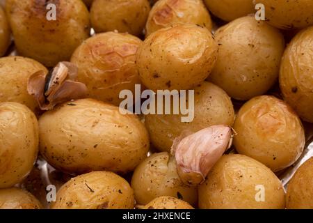 Selbst gebackene Kartoffeln, gewürzt mit Knoblauch, schwarzem Pfeffer, grobem Salz und Thymian. Stockfoto