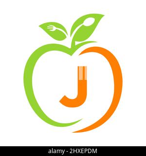Logo für gesunde Ernährung auf Buchstabe J, Apple Health Care Vektor-Vorlage. Apple-Logo-Vorlage mit J-Briefgabel, Löffel-Konzept-Restaurant-Zeichen Stock Vektor