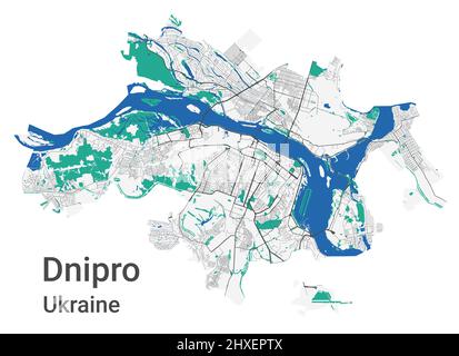 Dnipro-Vektorkarte. Detaillierte Karte von Dnipro Stadtverwaltung. Stadtbild-Panorama. Lizenzfreie Vektorgrafik. Straßenkarte mit Autobahnen, Rive Stock Vektor