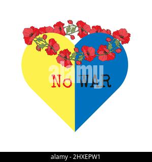 Kein Krieg in der Ukraine. Rettet Die Ukraine. Ein Herz in den Farben der Flagge der Ukraine und ein Kranz aus rotem Mohn auf dem Kopf. Vektorgrafik Stock Vektor