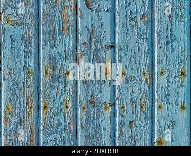 Vertikale Holzstreifen mit rissiger und abblätternder blauer Farbe Stockfoto