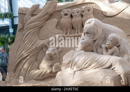 Binz, Deutschland. 11. März 2022. Die Sandskulptur mit verschiedenen Tieren ist in der Sandskulptur-Show 'What a wonderful world' zu sehen. Die Skulpturen zeigen Landschaften, Menschen und Fabelwesen. Quelle: Stefan Sauer/dpa/Alamy Live News Stockfoto