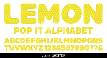 Lemon gelbes popit-Alphabet und Zahlen im Fidget-Spielzeugstil. Pop it Schriftdesign als trendiges Silikonspielzeug für Fidget in knalliger Farbe. Blasensensor Stock Vektor