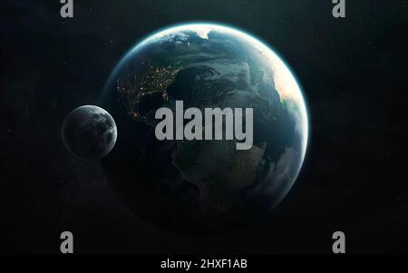Nord- und Südamerika. Planet Erde und Mond aus dem All. Bildelemente der NASA Stockfoto