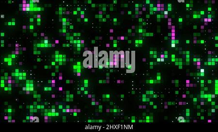 Bühnenlichtwand mit langsam blinkenden quadratischen Lampen auf schwarzem Hintergrund. Bewegung. Konzept von Performance und Bühnenbeleuchtung, nahtlose Schleife. Stockfoto