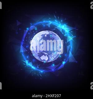 Polygonhintergrund. Sicherheit und Datenschutz. Leuchtende Kugel aus Sechseck und Globus. High-Tech-Schutz. Computer von Antivirus und kriminelle. Schutz Stock Vektor