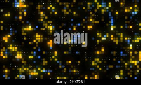 Bühnenlichtwand mit langsam blinkenden quadratischen Lampen auf schwarzem Hintergrund. Bewegung. Konzept von Performance und Bühnenbeleuchtung, nahtlose Schleife. Stockfoto