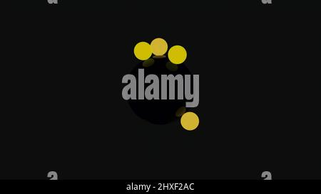Bewegung von Atomkugeln isoliert auf schwarzem Hintergrund, Konzept der Chemie und Biologie. Design. Kleine Kugeln drehen sich um größere schwarze Kugel Stockfoto