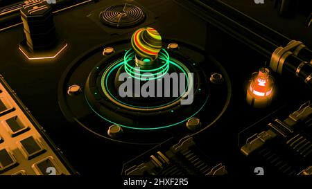 Blick in ein fremdes Raumschiff Bedienfeld Details, dunkle abstrakte Innenraum mit Neonbeleuchtung. Bewegung. Glühender Hebel eines Geschwindigkeitsschalters Stockfoto