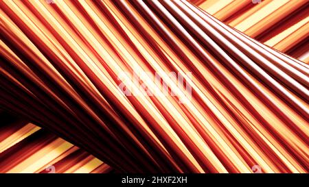 Orange und rot drehende 3D-Tube mit verdrehten, leuchtenden Linien, nahtlose Schleife. Bewegung. Schräge bunte Streifen, die langsam hinter rotierenden großen Streifen fließen Stockfoto