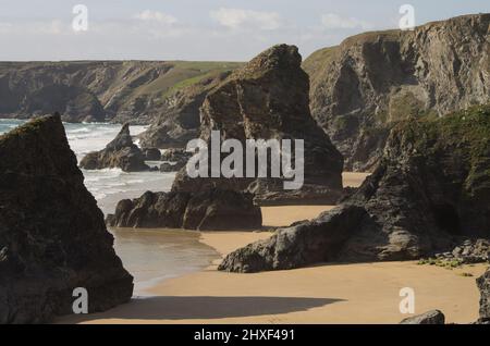 Felsige Auskrosse, die bei Ebbe am Strand bei Bedruthan Steps freigelegt werden Stockfoto