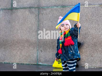 Kleines hübsches Kind oder Kind mit Winterkleidung, rosa Hut, litauischem Schal und ukrainischer Flagge Stockfoto