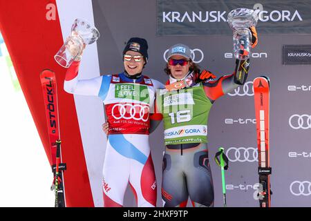 BRAATHEN Lucas (NOR) und ODERMATT Marco (SUI) während des FIS Alpine Ski World Cup 2022 - Riesenslalom von Kranjska Gora, alpines Skirennen in Kranjska Gora, Slowenien, März 12 2022 Stockfoto