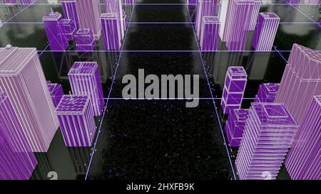 Abstrakte bunte Konstruktionen einer bunten Stadt 3D Layout. Animation. Fliegen über Wolkenkratzer und Gebäude einer digitalen Stadt. Stockfoto