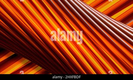 Orange und rot drehende 3D-Tube mit verdrehten, leuchtenden Linien, nahtlose Schleife. Bewegung. Schräge bunte Streifen, die langsam hinter rotierenden großen Streifen fließen Stockfoto