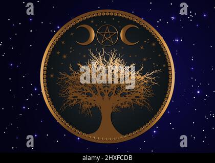 Baum des Lebens Wicca Zeichen Mandala, Gold mystischen Mond Pentakel, Heilige Geometrie, Golden Halbmond Mond, Halbmond heidnischen Wiccan dreifachen Göttin Symbol Stock Vektor