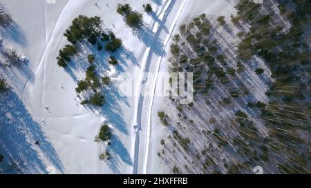 Die Weiten des Winterwaldes. Clip. Aus der Vogelperspektive. Ein riesiger schneebedeckter weißer Wald mit großen schneebedeckten Weihnachtsbäumen auf einem blauen Himmel Hintergrund. Stockfoto