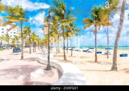 Aquarell-Illustration der Strandpromenade mit Palmen in Fort Lauderdale Stockfoto