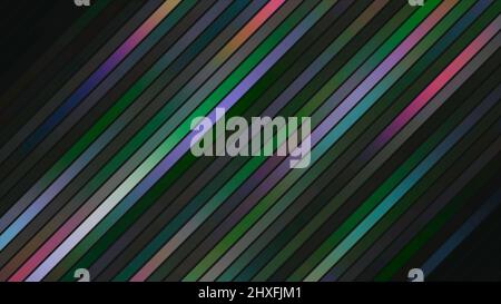 Bunte diagonale Streifen schimmern auf schwarzem Hintergrund. Bewegung. Helle, bunte Linien schimmern wunderschön. Holographisches mehrfarbiger Flackern von Stockfoto