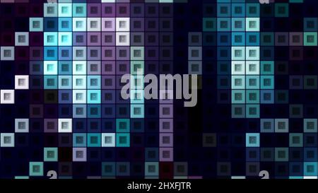 Hintergrund mit bunten Quadraten in Tetris. Bewegung. Elektronische Tetris mit beweglichen Neon-Quadraten. Stilvoller Hintergrund mit bunten Quadraten, die sich bewegen Stockfoto