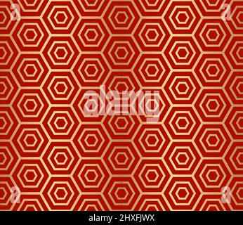 Dekorative abstrakte geometrische goldene Sechsecke nahtloses Muster auf rotem Hintergrund. Stockfoto