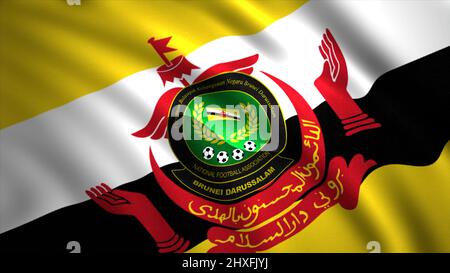 Diagonale Ansicht der winkenden bunten Flagge des Fußballverbands von Brunei Darussalam. Bewegung. Realistische kontrastierende Flagge flattert im Wind Stockfoto