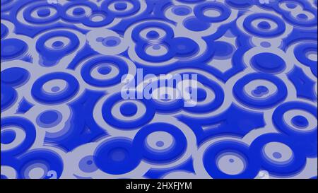 Abstrakte bunte kreisförmige Flecken, digitaler Hintergrund, nahtlose Schleife. Design. Verschiedene Ringe verwandeln sich und fließen von einem zum anderen. Stockfoto