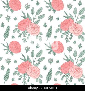 Zartes florales Nahtmuster mit Rosen und Pfingstrosen. Handgezeichnete Vektorgrafik Stock Vektor
