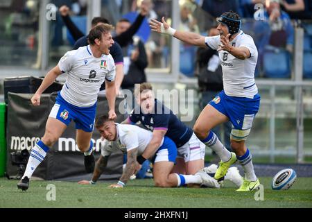 Rom, Italien. 12. März 2022. Callum Braley aus Italien feiert nach dem Versuch von 10-12 während des Six Nations 2022 Rugby-Spiels zwischen Italien und Schottland in Rom, Olimpico-Stadion, 12.. März 2022. Foto Antonietta Baldassarre/Insidefoto Kredit: Insidefoto srl/Alamy Live News Stockfoto
