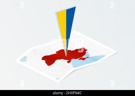 Isometrische Papierkarte der Ukraine mit dreieckiger Flagge der Ukraine im isometrischen Stil. Karte auf topografischem Hintergrund. Vektorgrafik. Stock Vektor